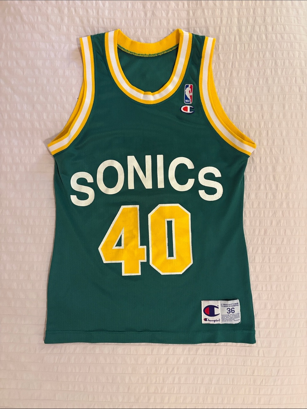SONICS #40 Basketball Jersey - Sean Kemp - Champion - Green and Yellow